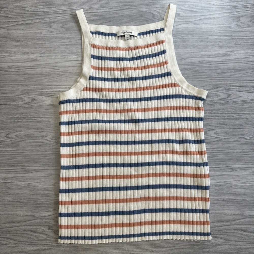 Madewell Women's Apron Sweater Tank - Peach And blue Stripes Ribbed Size Small